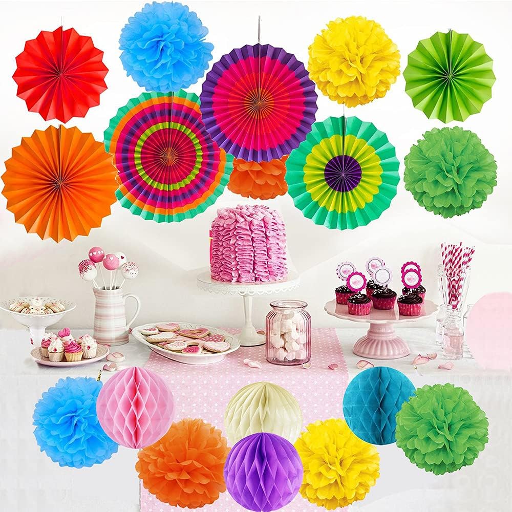 Koboome Rainbow Hanging Paper Fan Set with Pom Poms