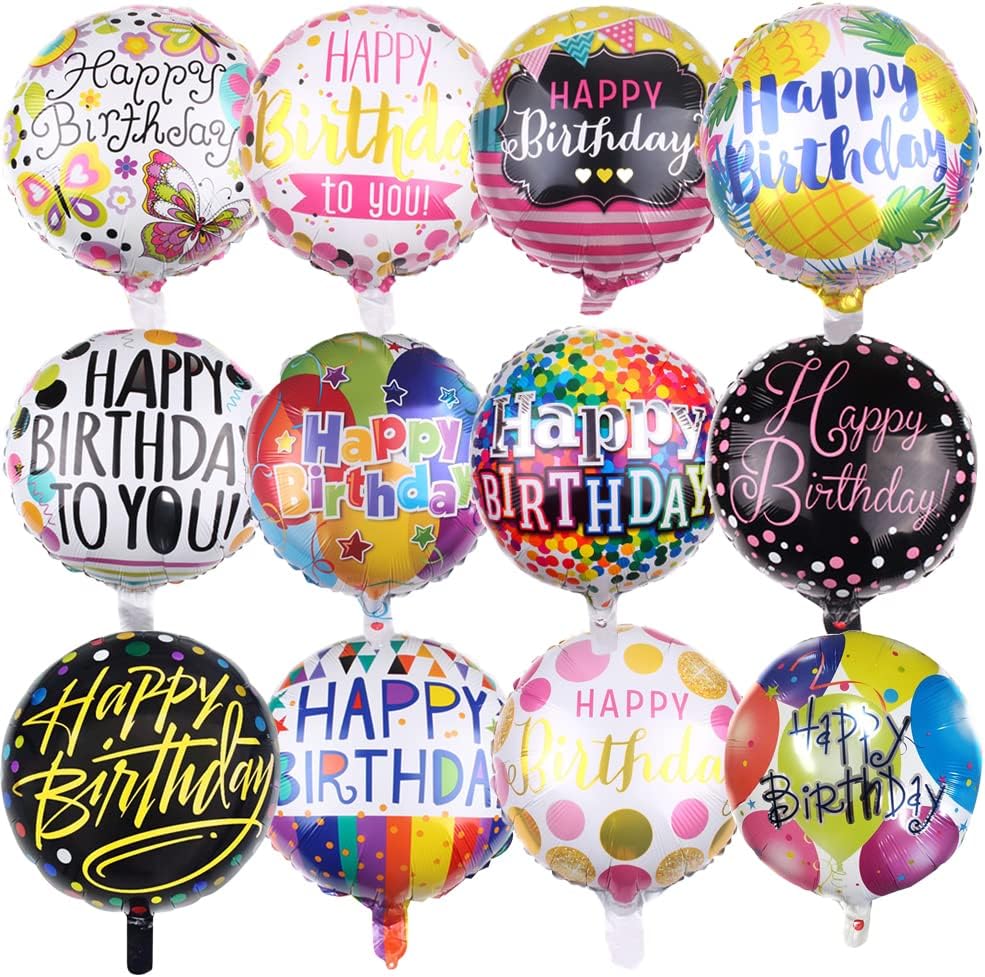 50 Piece Happy Birthday Foil Balloons Set with 12 Designs