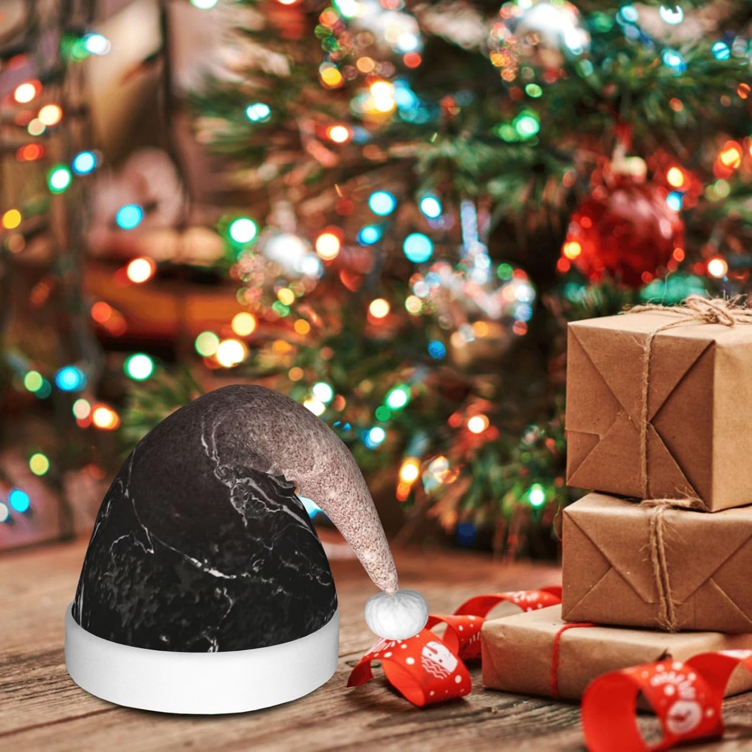 QINZHENG Marble Rose Gold Print Santa Hat for Women