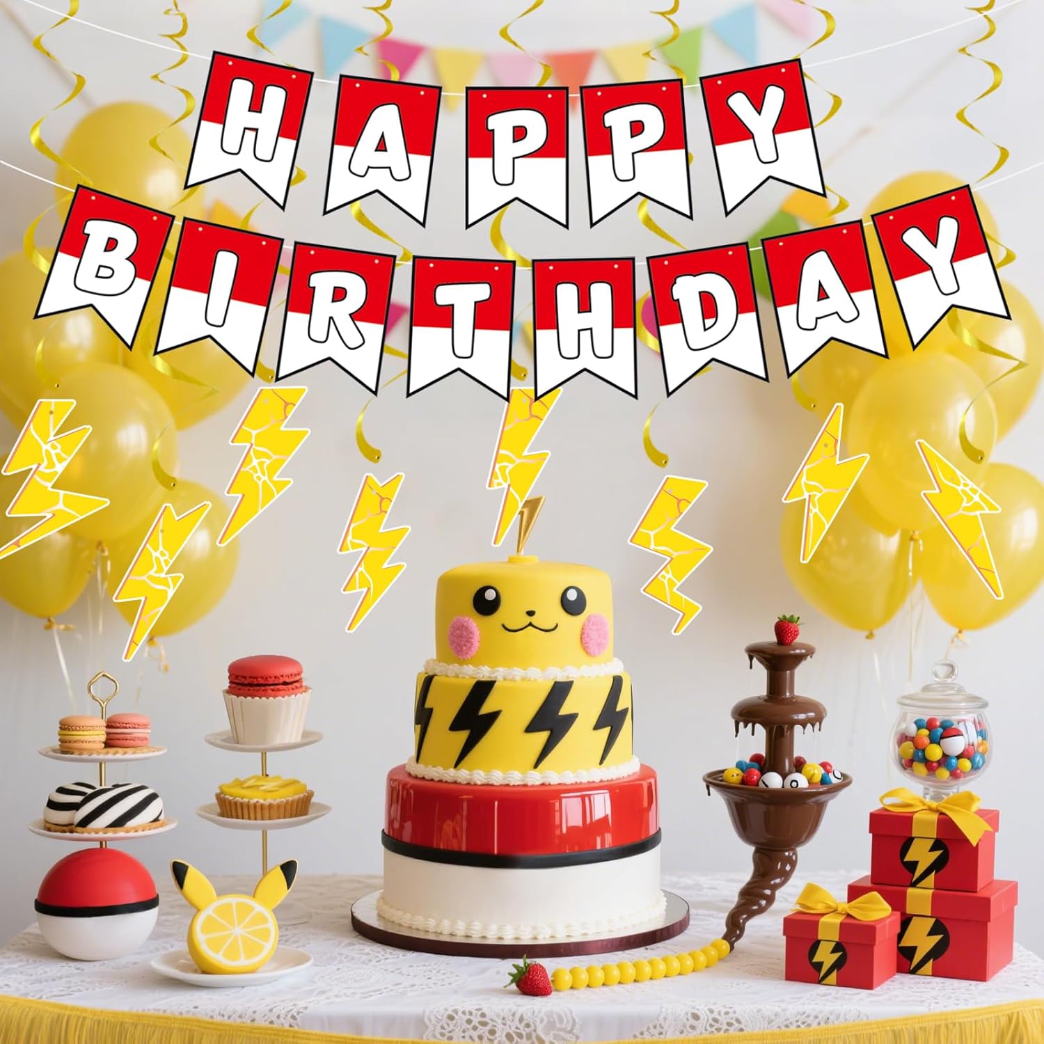 Cartoon Birthday Banner Set 8pcs Lightning Hanging Swirls Party Decorations