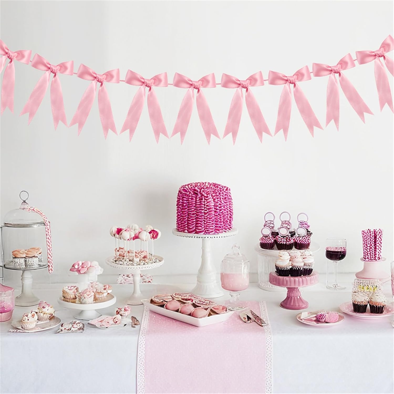 Pink Bow Garland for Birthday Decor and Baby Shower