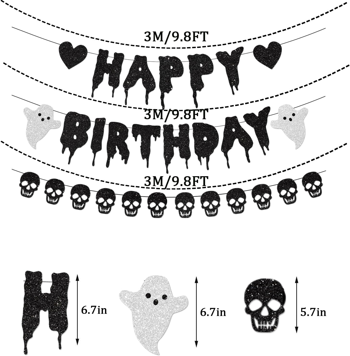 Black Glitter Halloween Birthday Banner with Skull and Heart