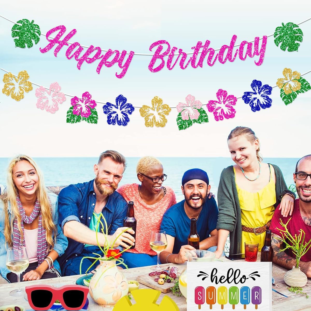 Hawaiian Happy Birthday Banner Decorations Glitter Luau Party