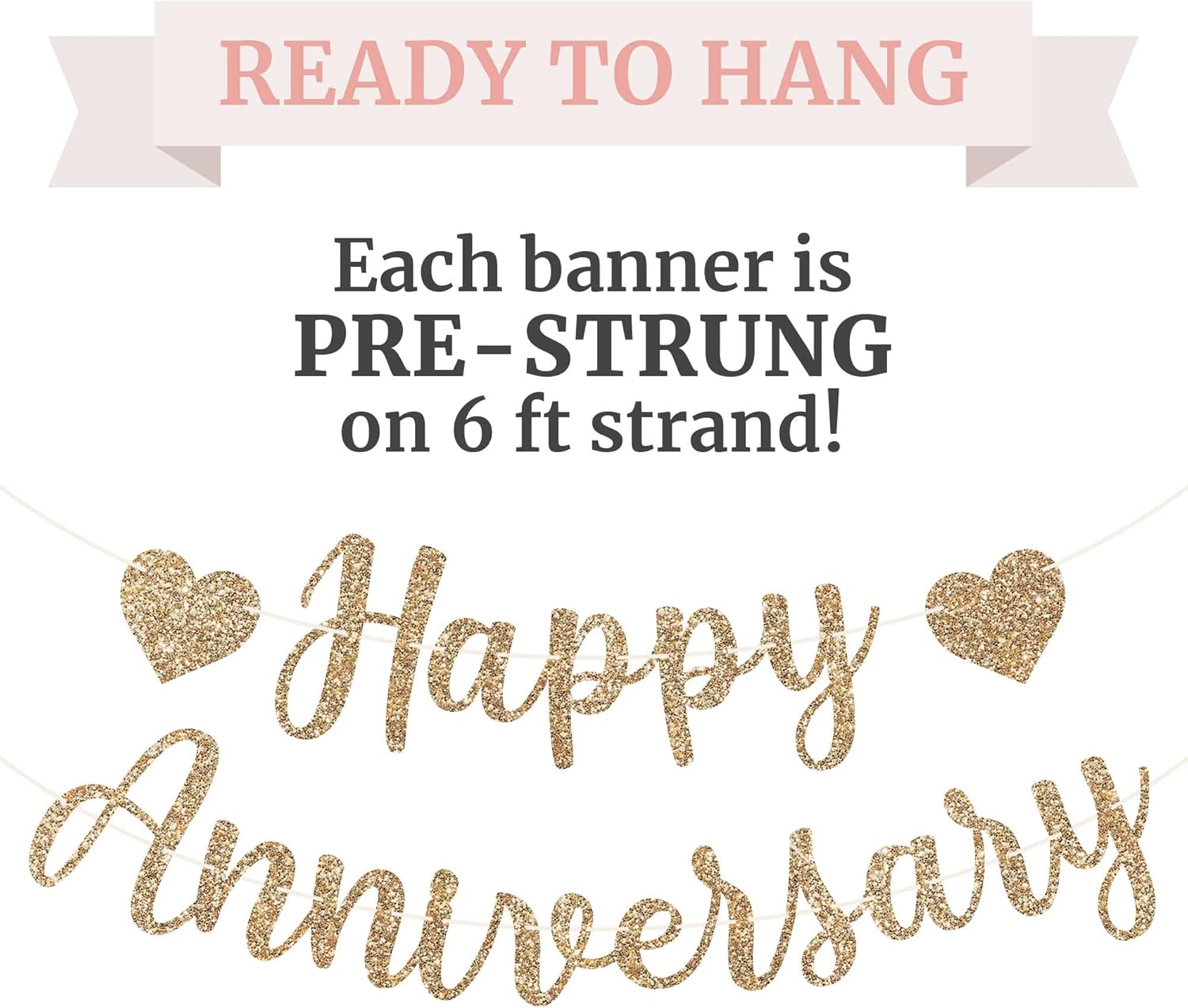 Pre-Strung Happy Anniversary Banner - Gold Glitter Wedding Decor