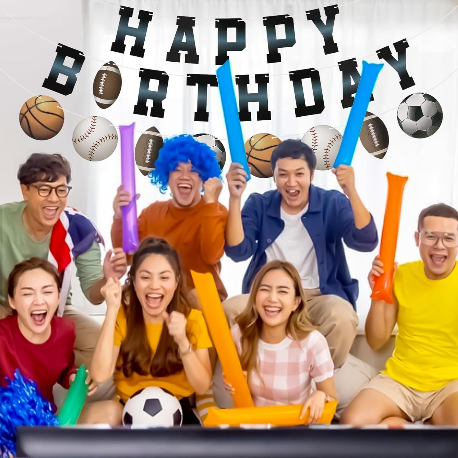Sports Birthday Banner with Happy Birthday Flags and Balls