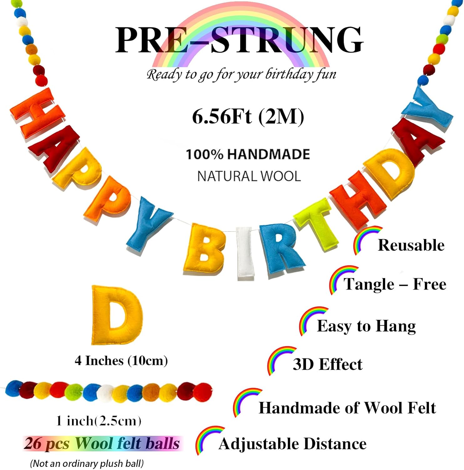 Pre-Strung Happy Birthday Banner with Wool Balls