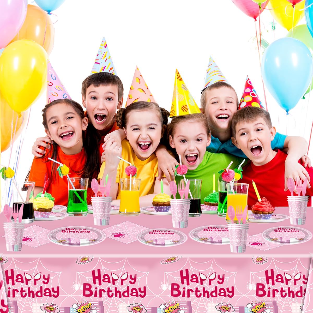 OU RUI 81 Pcs Pink Spider Party Tableware Set