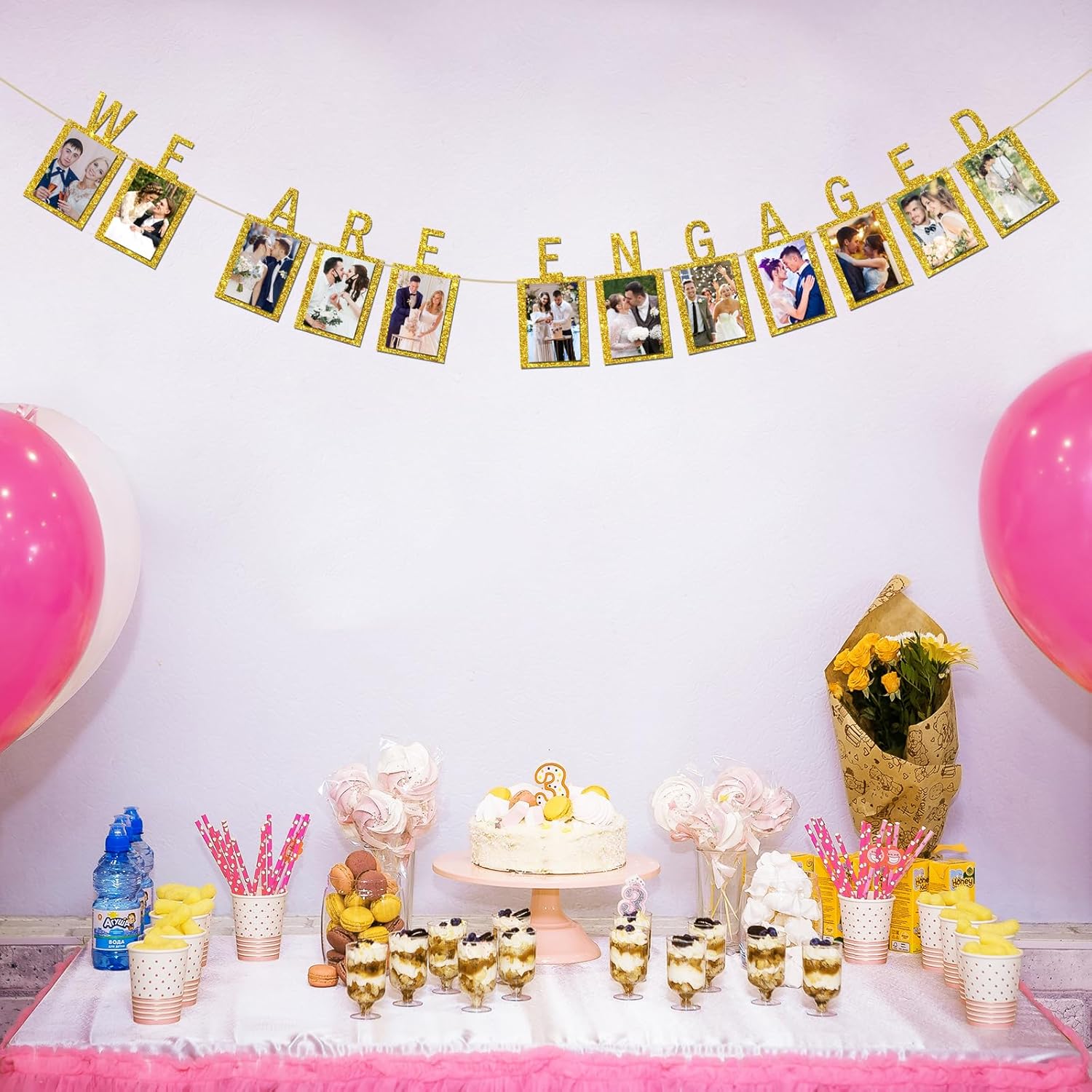 INNORU Engagement Photo Banner with Gold Glitter Letters