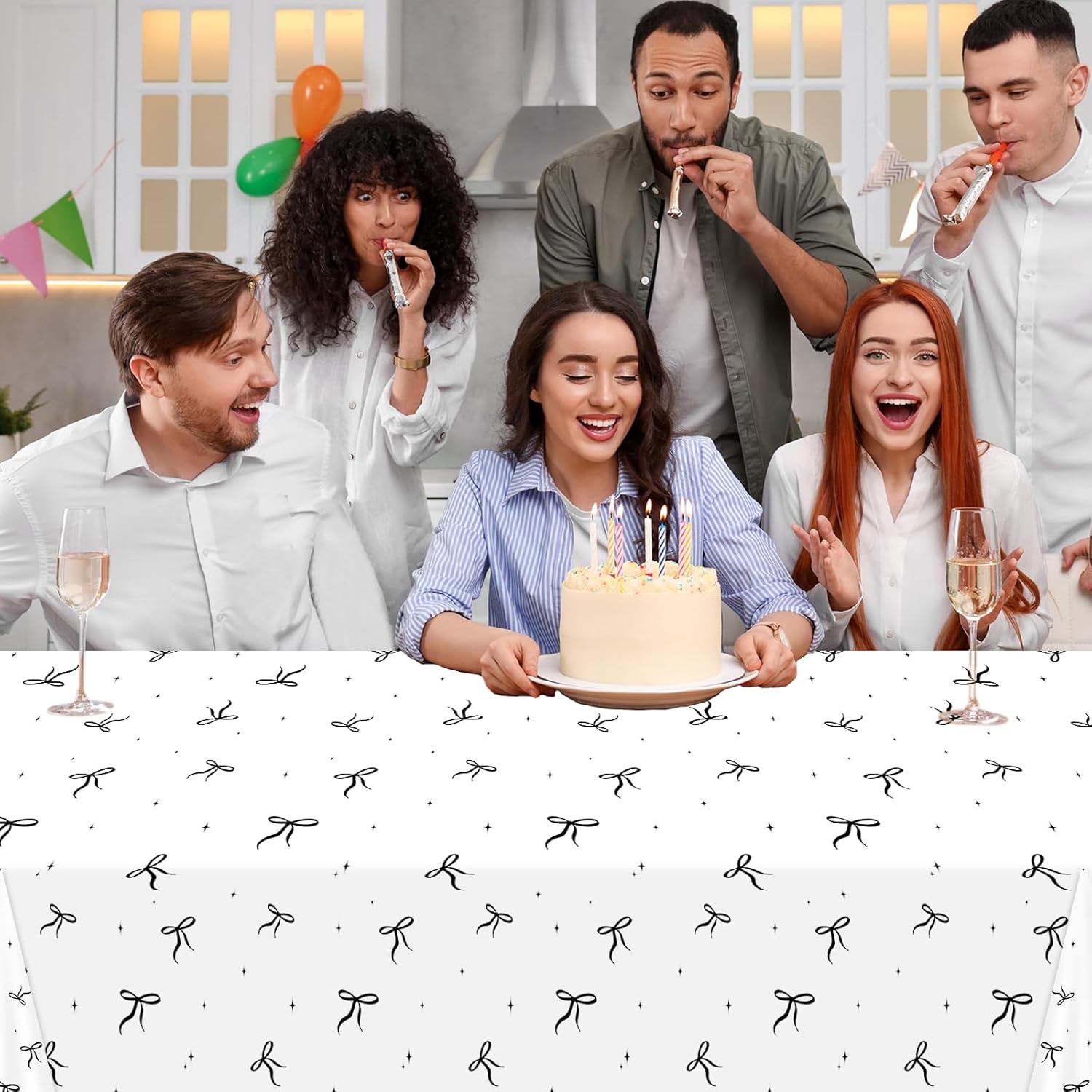 4Pcs Black White Bow Tablecloth for Birthday Party Decorations