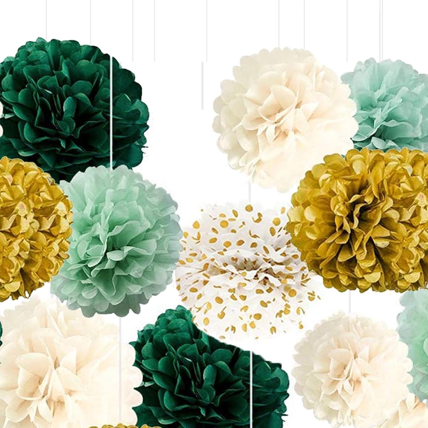 Green Gradient Gold Dot Paper Pom Poms Pack of 12