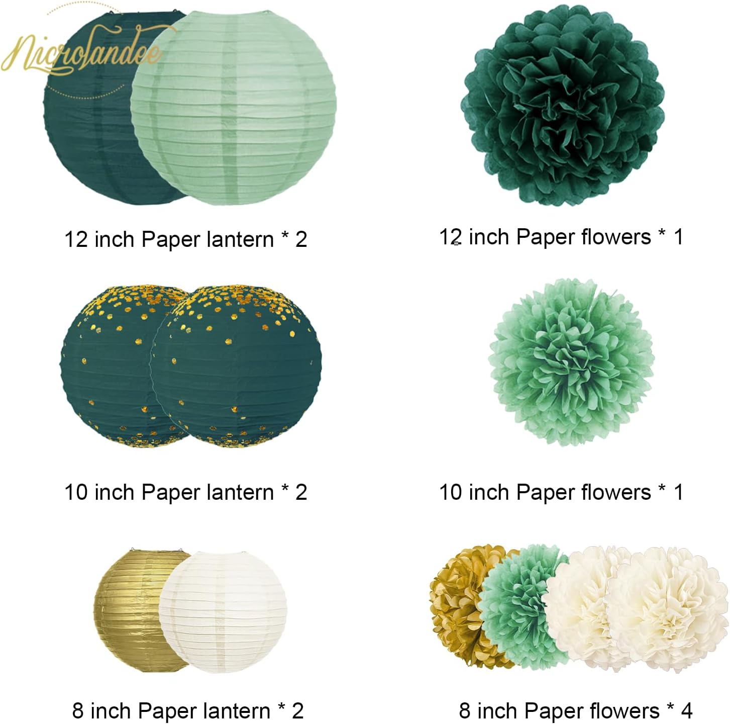NICROLANDEE Green Tissue Pom Poms and Lanterns Decor Kit