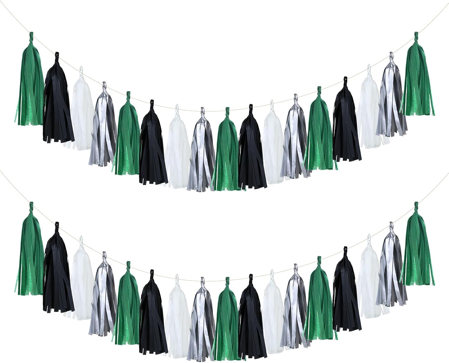 Guzon 20 Pack Black Green Silver Tassel Garland for Soccer Party