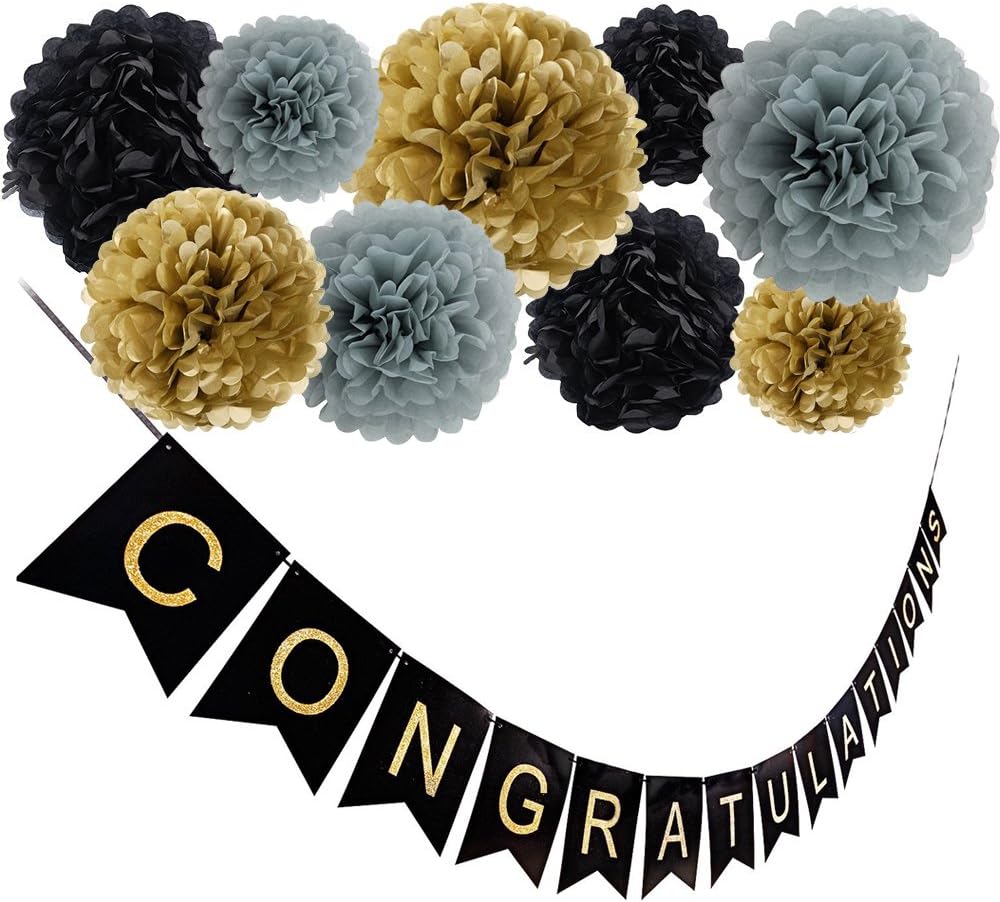 Congratulations Banner Garland Bunting with 12 Black Gold Grey Tissue Pom Poms