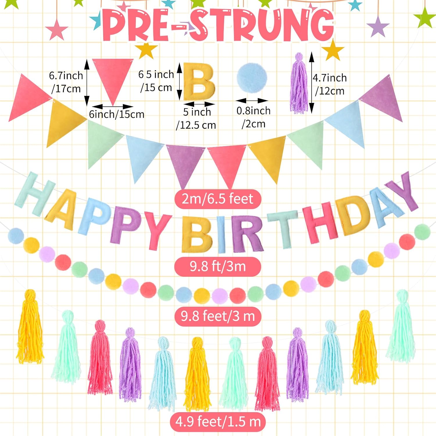 4 Pcs Felt Birthday Banner Set with Garland and Flags