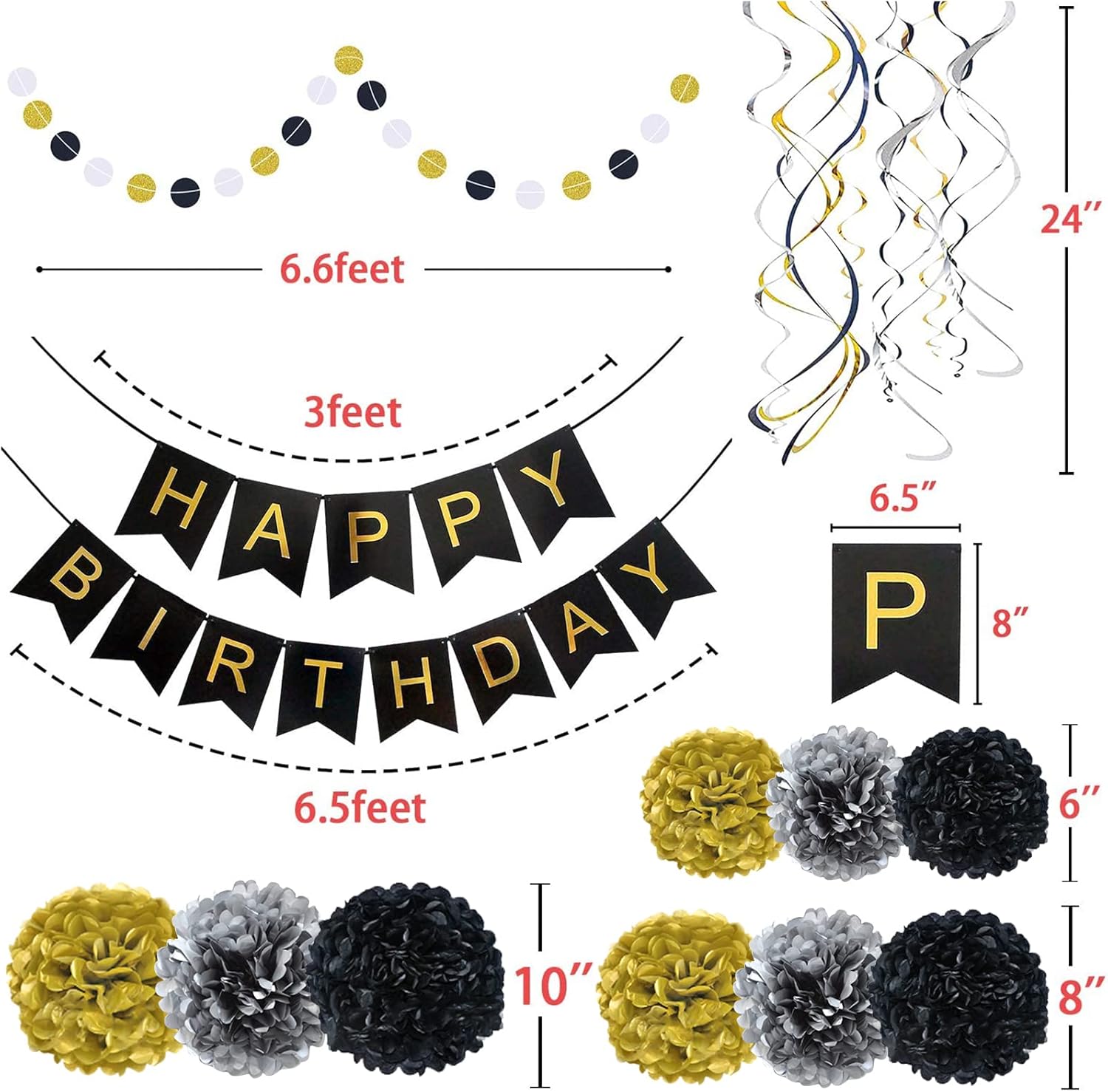 Black and Gold Happy Birthday Banner with Pom Poms and Garland