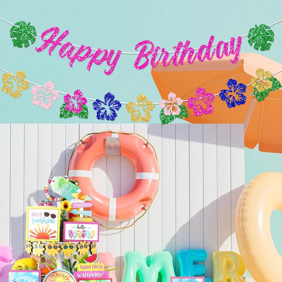 Hawaiian Happy Birthday Banner Decorations Glitter Luau Party