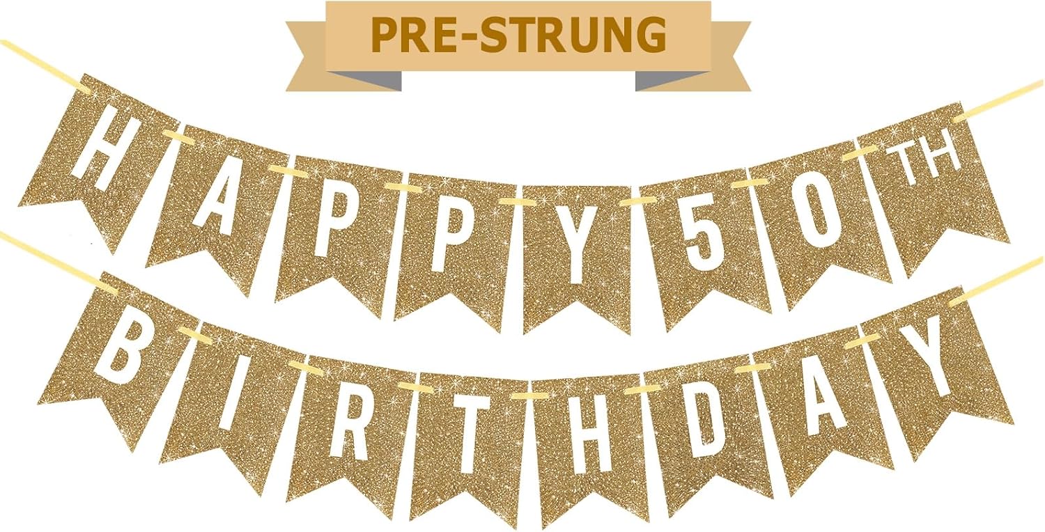Gold Glitter Happy 50th Birthday Banner 12ft