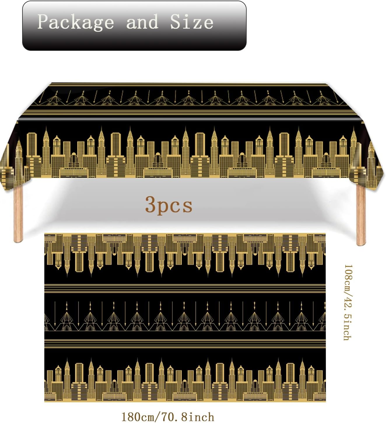 3pcs Roaring 1920s Black Gold Tablecloths for Party Decorations