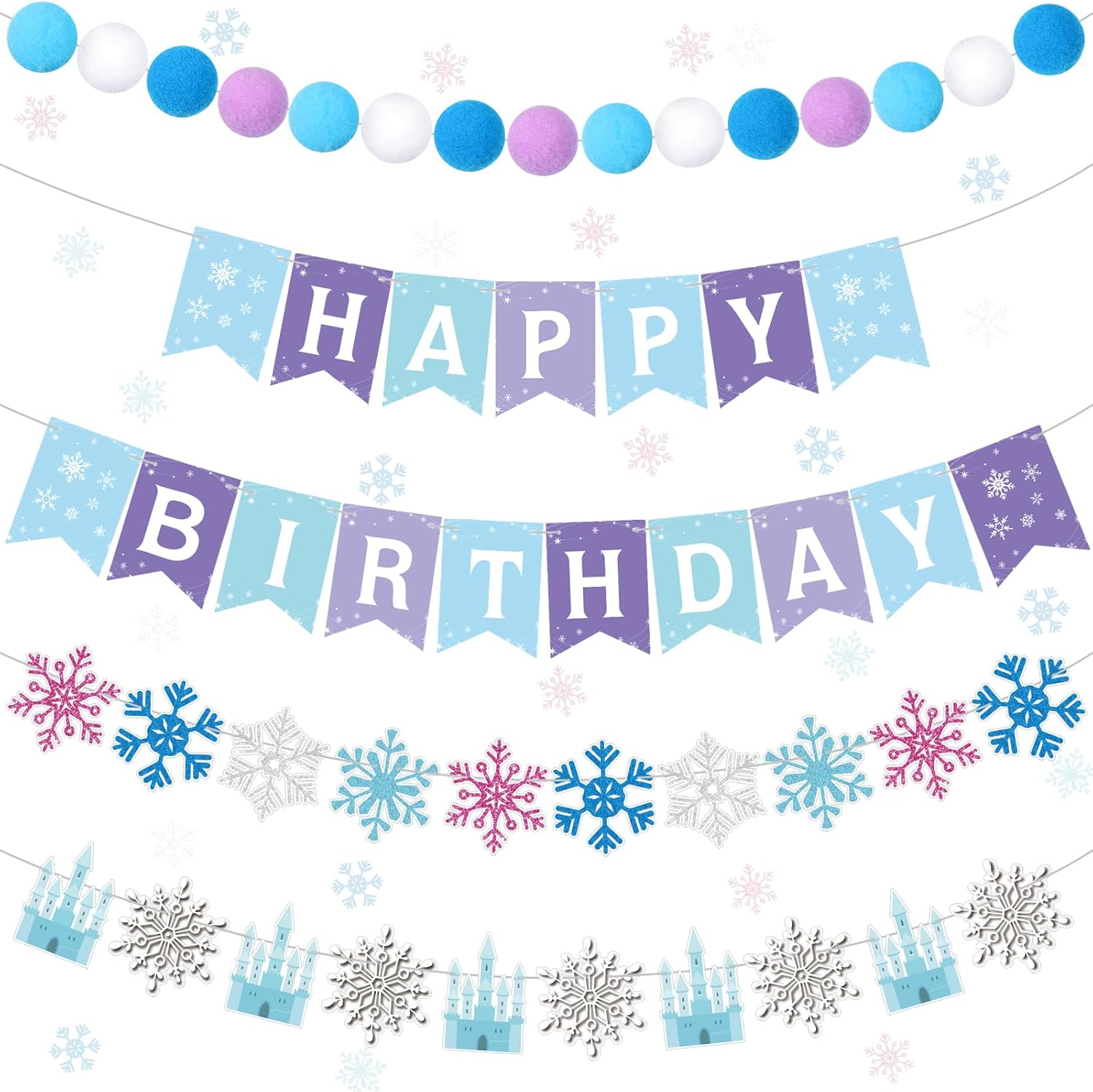 5 Pcs Snowflake Birthday Banner Set with Felt Castle Decorations
