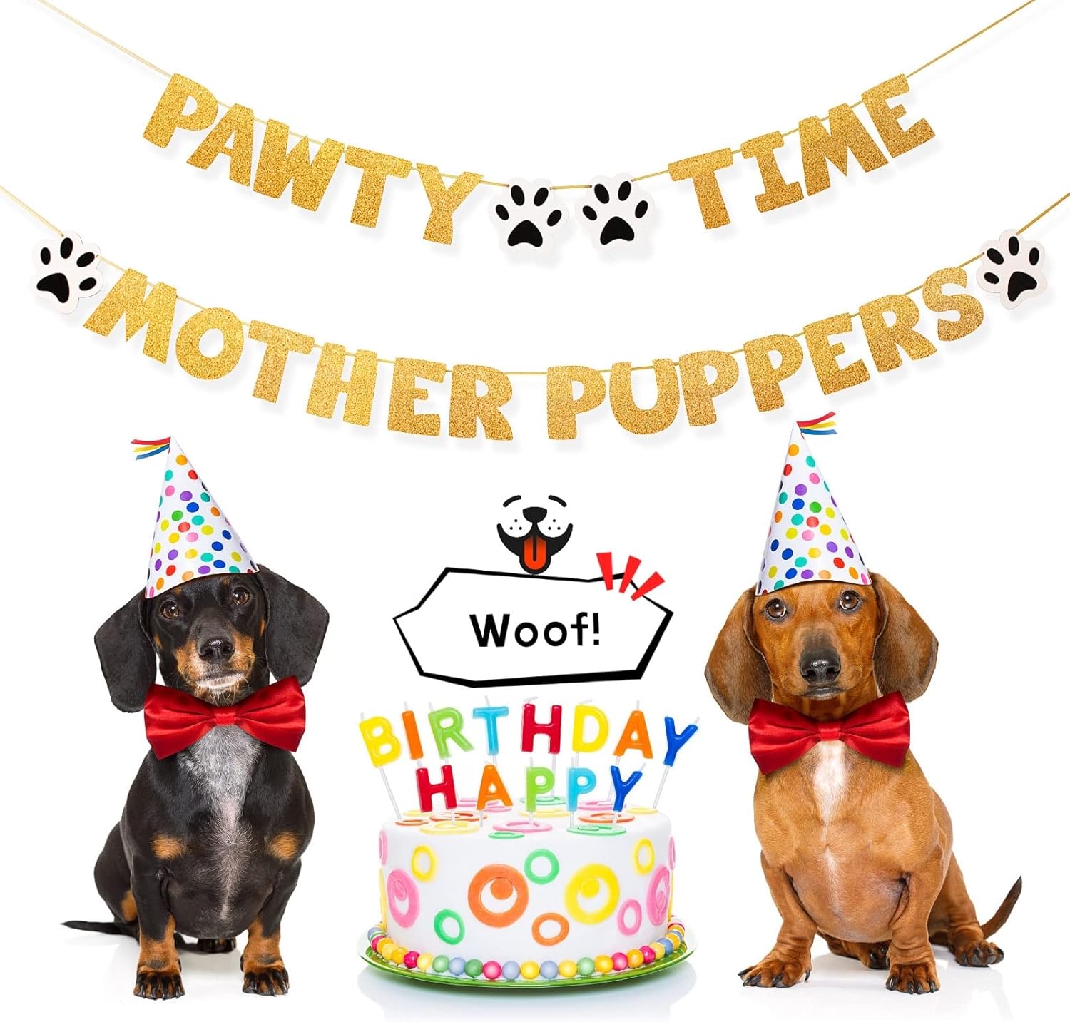 Pre-Strung Dog Birthday Banner with Gold Glitter