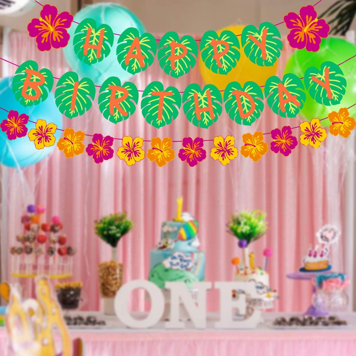 Hawaiian Party Happy Birthday Banner for Tropical Luau Decorations