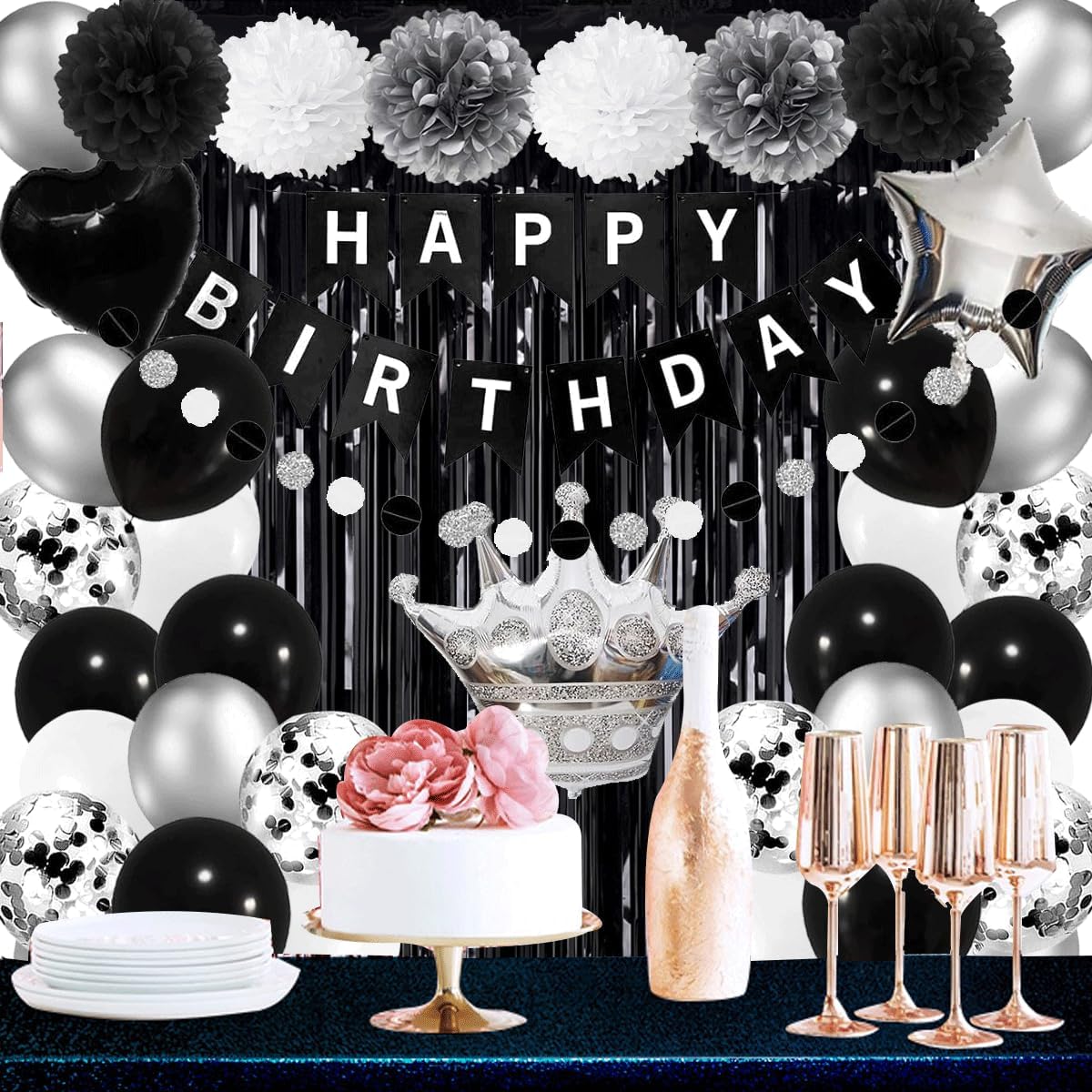 Black and Silver Birthday Party Decorations Set