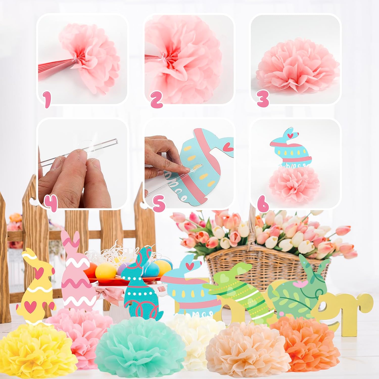 Fonder Mols 12pcs Bunny Tissue Paper Pom Poms Flowers Kit