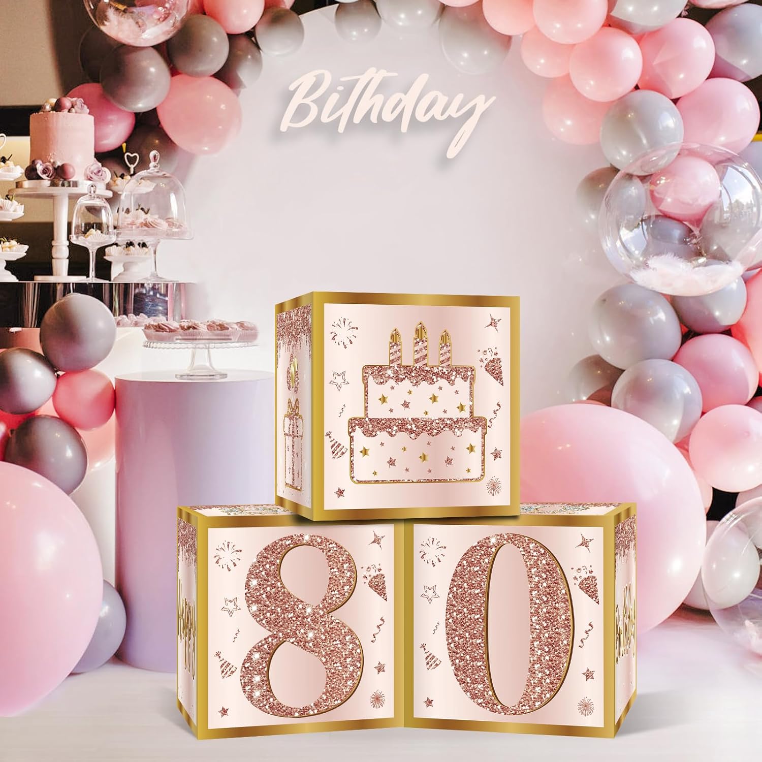3Pcs Pink Rose Gold 80th Birthday Balloon Boxes Party Decor