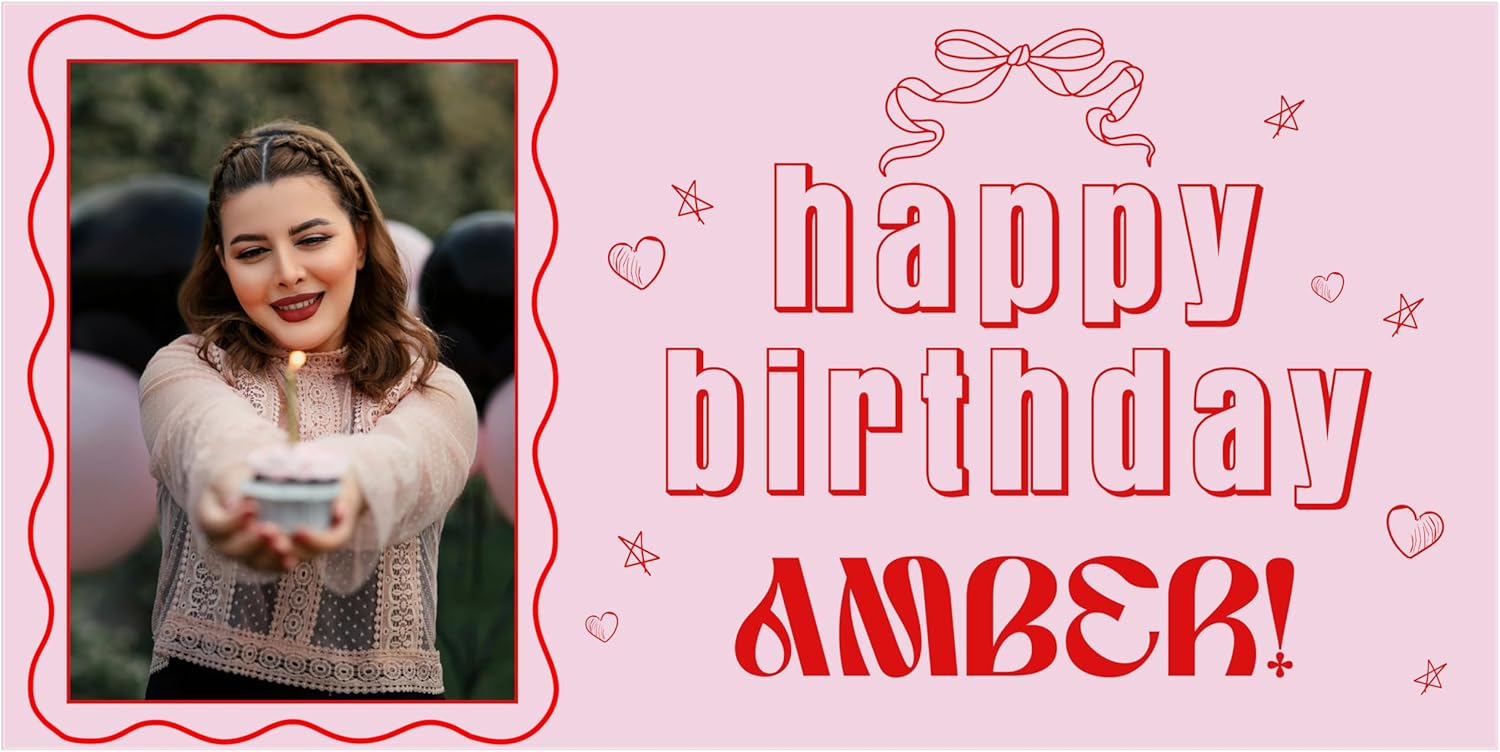 Customized Photo Name Birthday Banner - Pink Red