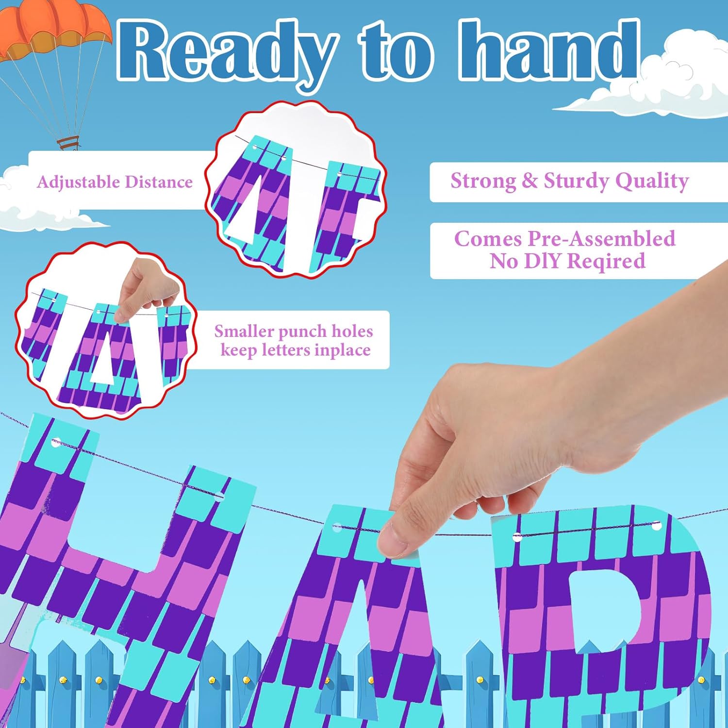 Video Game Birthday Banner Blue Purple Pre-Strung Party Decoration