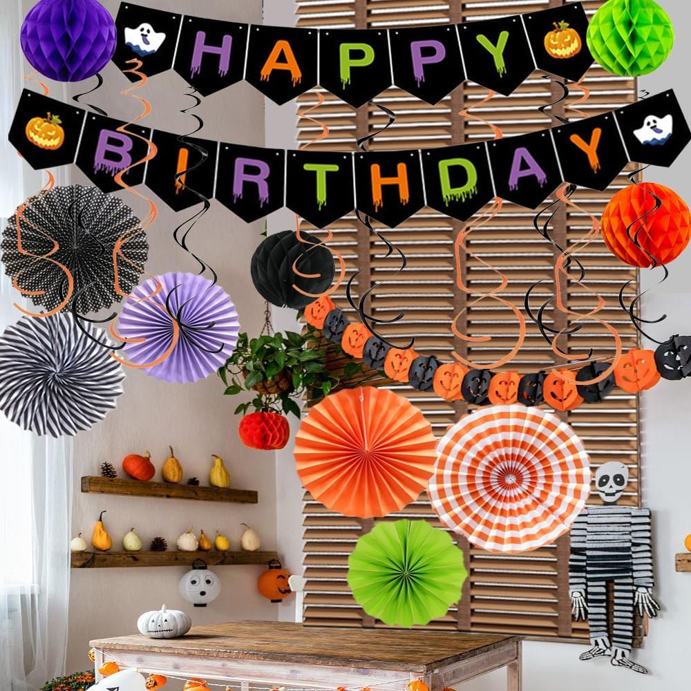 Halloween Birthday Decorations Paper Fans Pom Poms Streamers Garland