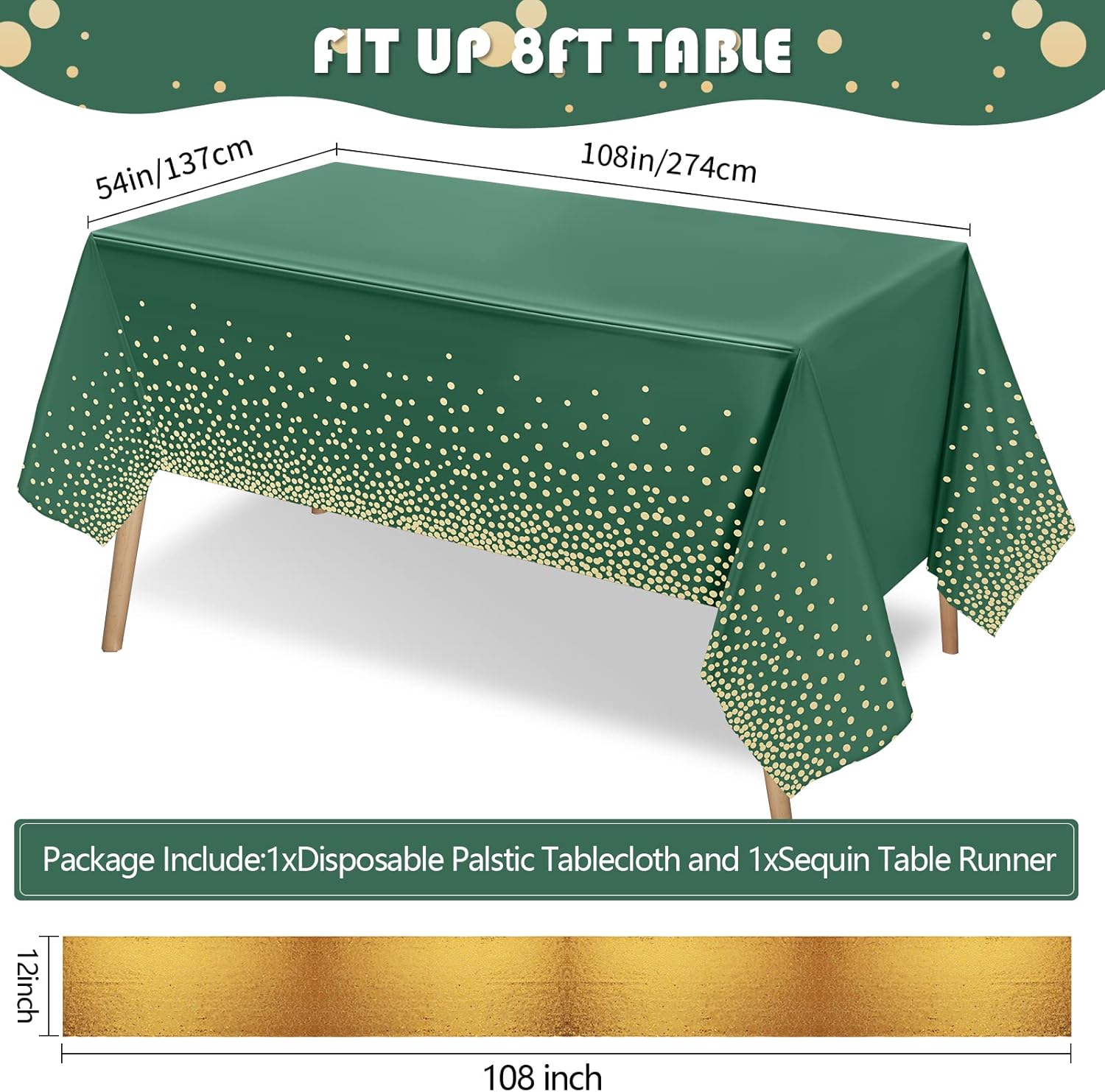 Tudomro Glitter Tablecloth and Sequin Table Runner Set Green Gold