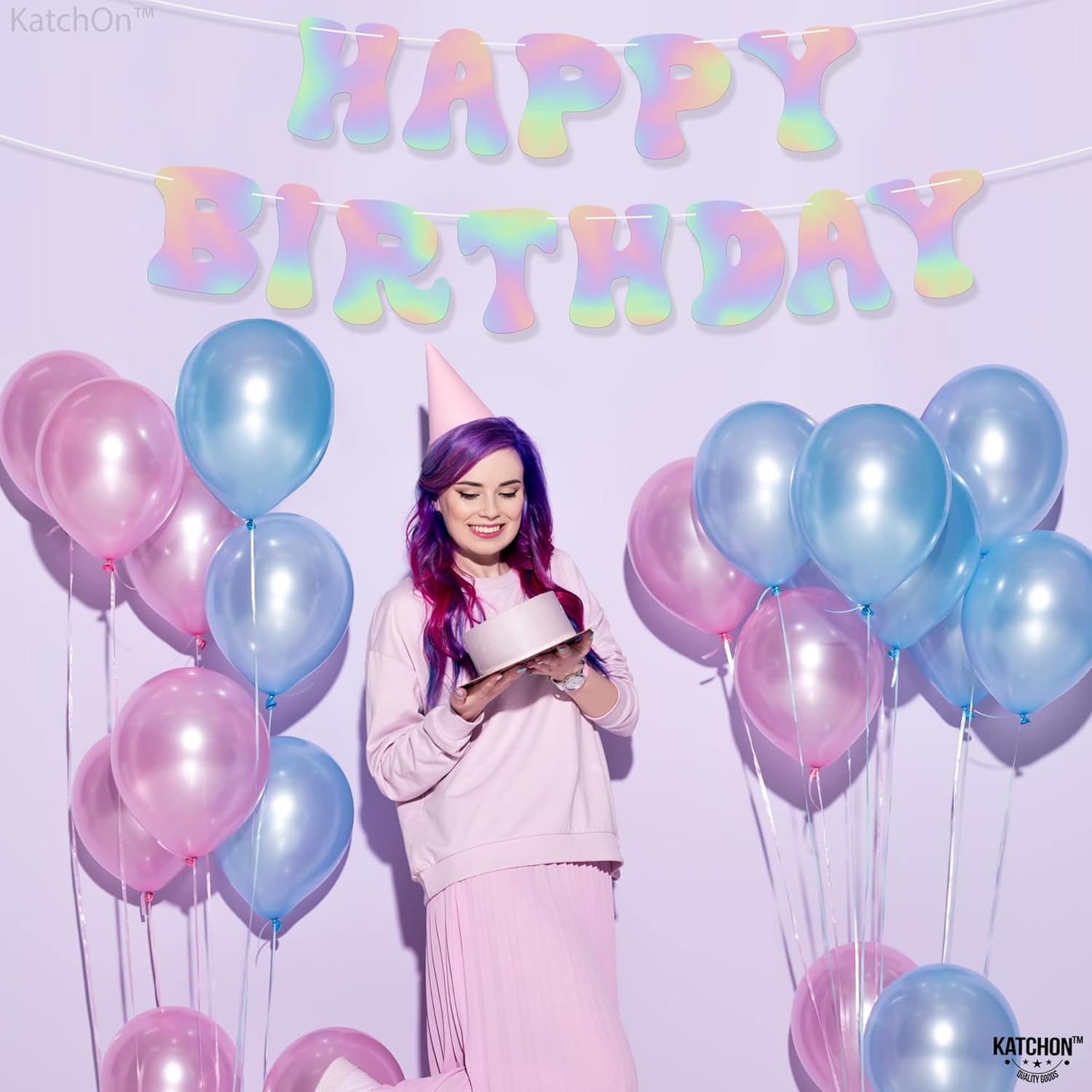 KatchOn Iridescent Happy Birthday Banner - 10 Feet Prestrung