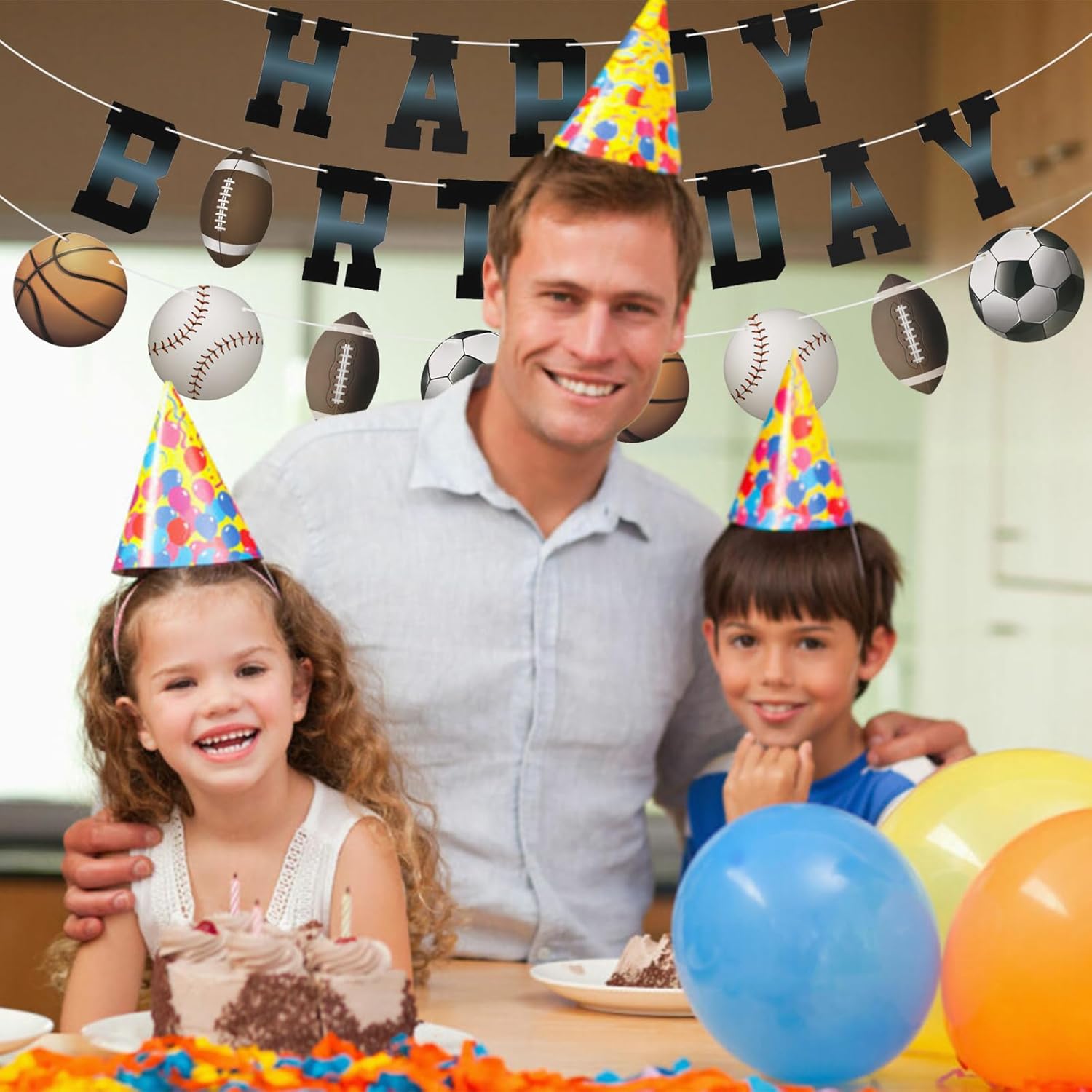 Sports Birthday Banner with Happy Birthday Flags and Balls