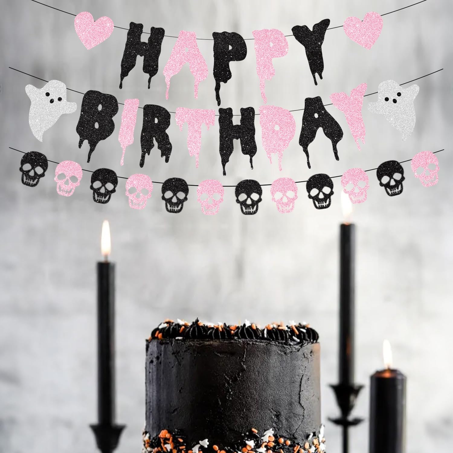 Pink Glitter Halloween Birthday Banner with Skull Heart Design