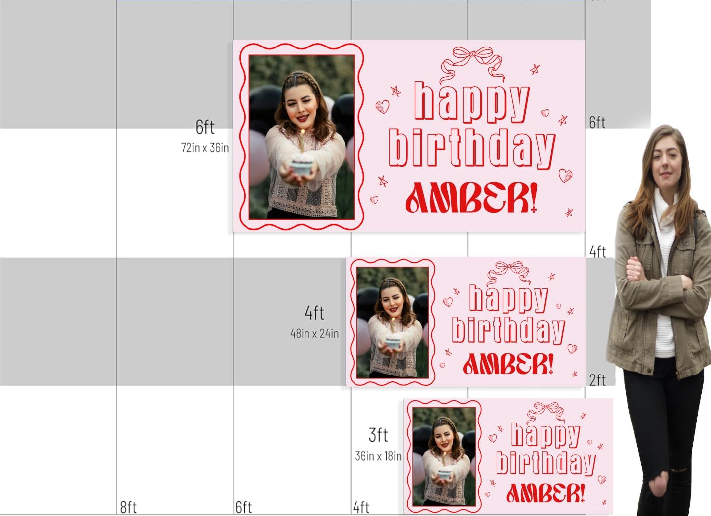Customized Photo Name Birthday Banner - Pink Red