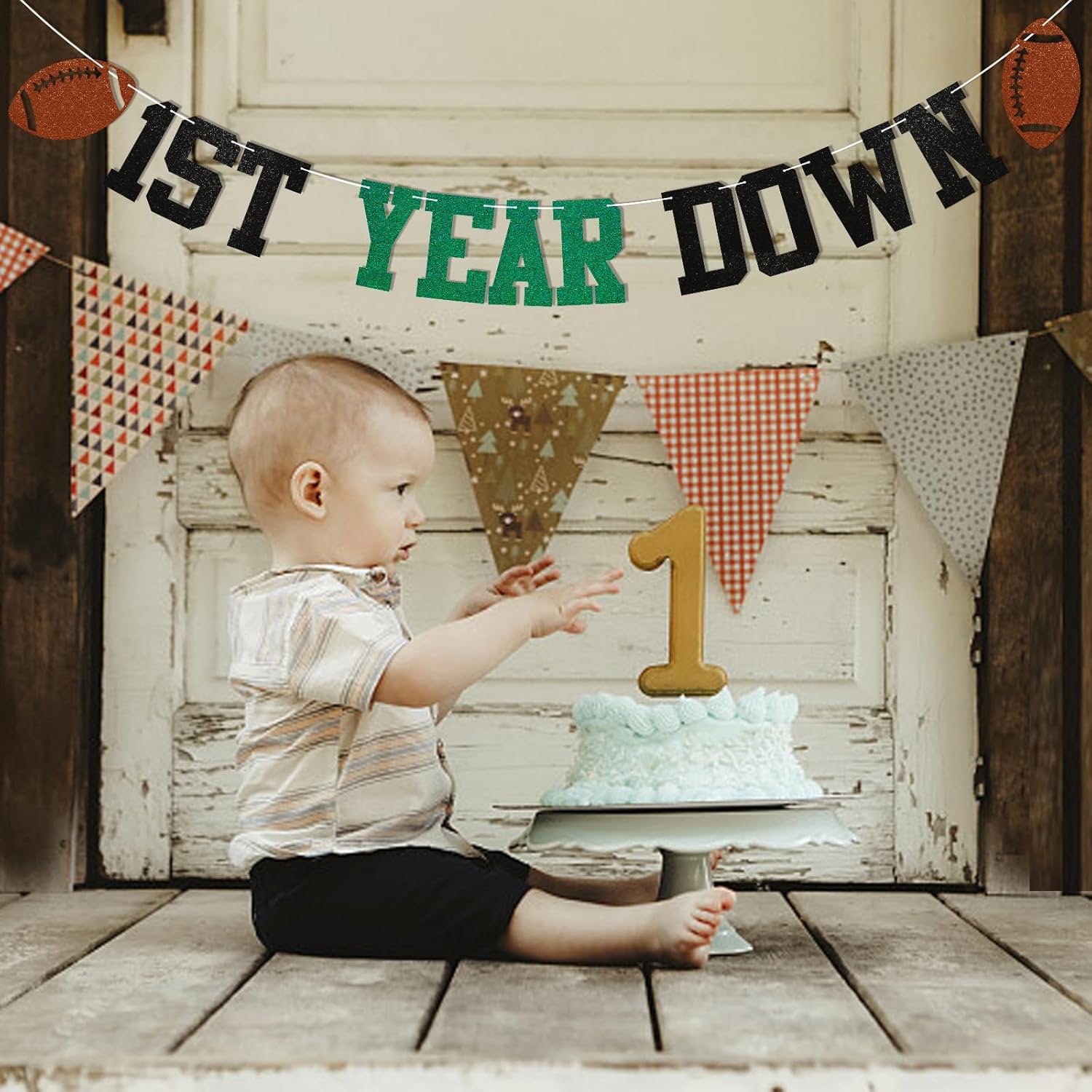 Pre-Strung Football 1st Birthday Bunting Banner Green Black Glitter