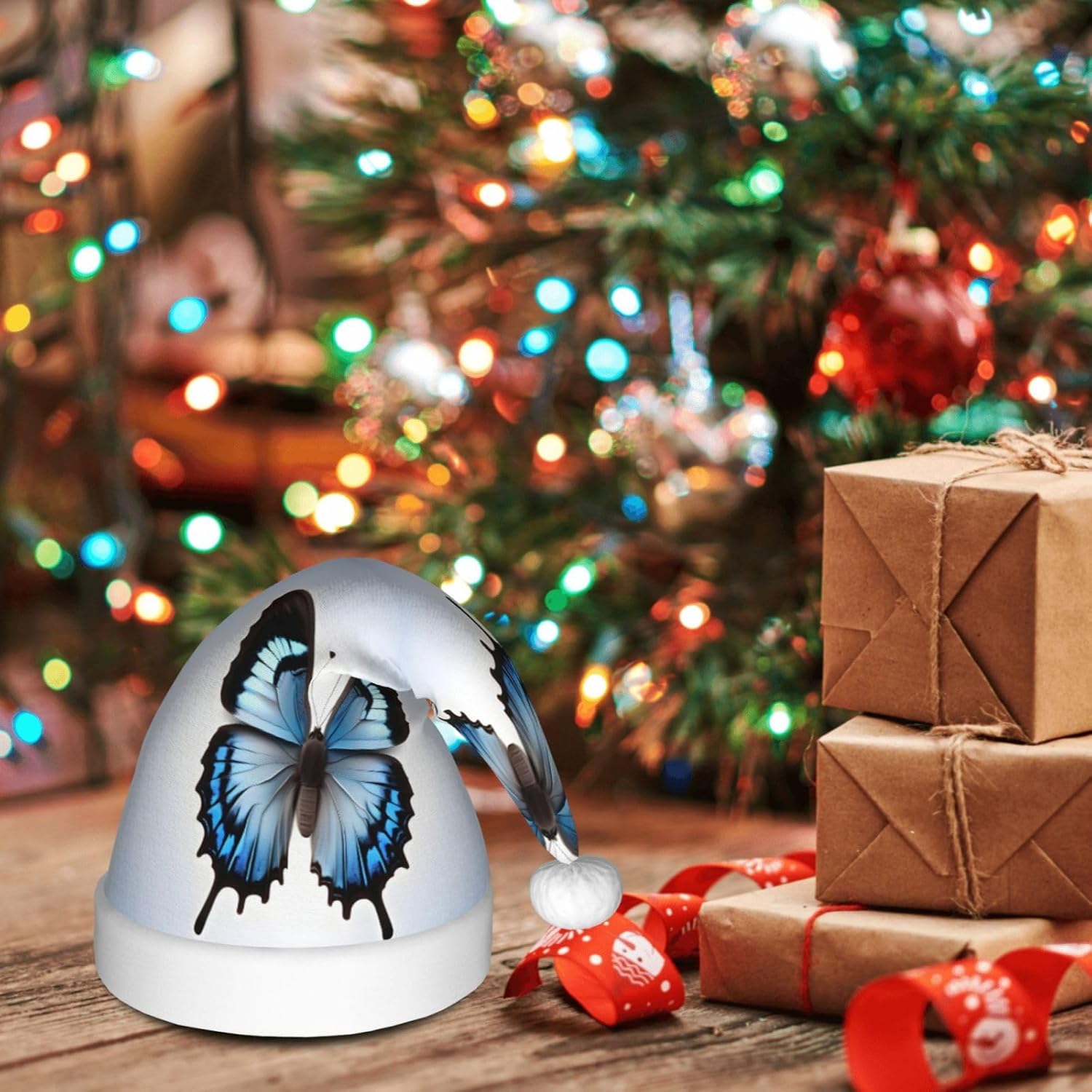 Qin And Zheng Blue Butterfly Santa Hat Personalized Christmas Headwear for Women