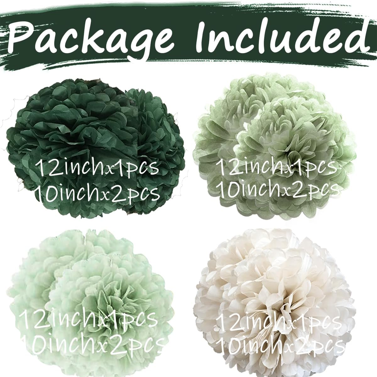 Bamonos Sage Green Tissue Paper Flower Pom Poms Kit 12pcs