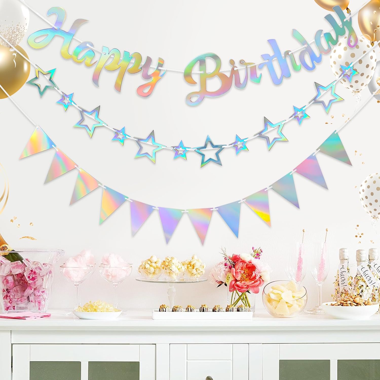 CANREVEL 3 PCS Iridescent Birthday Banners Set