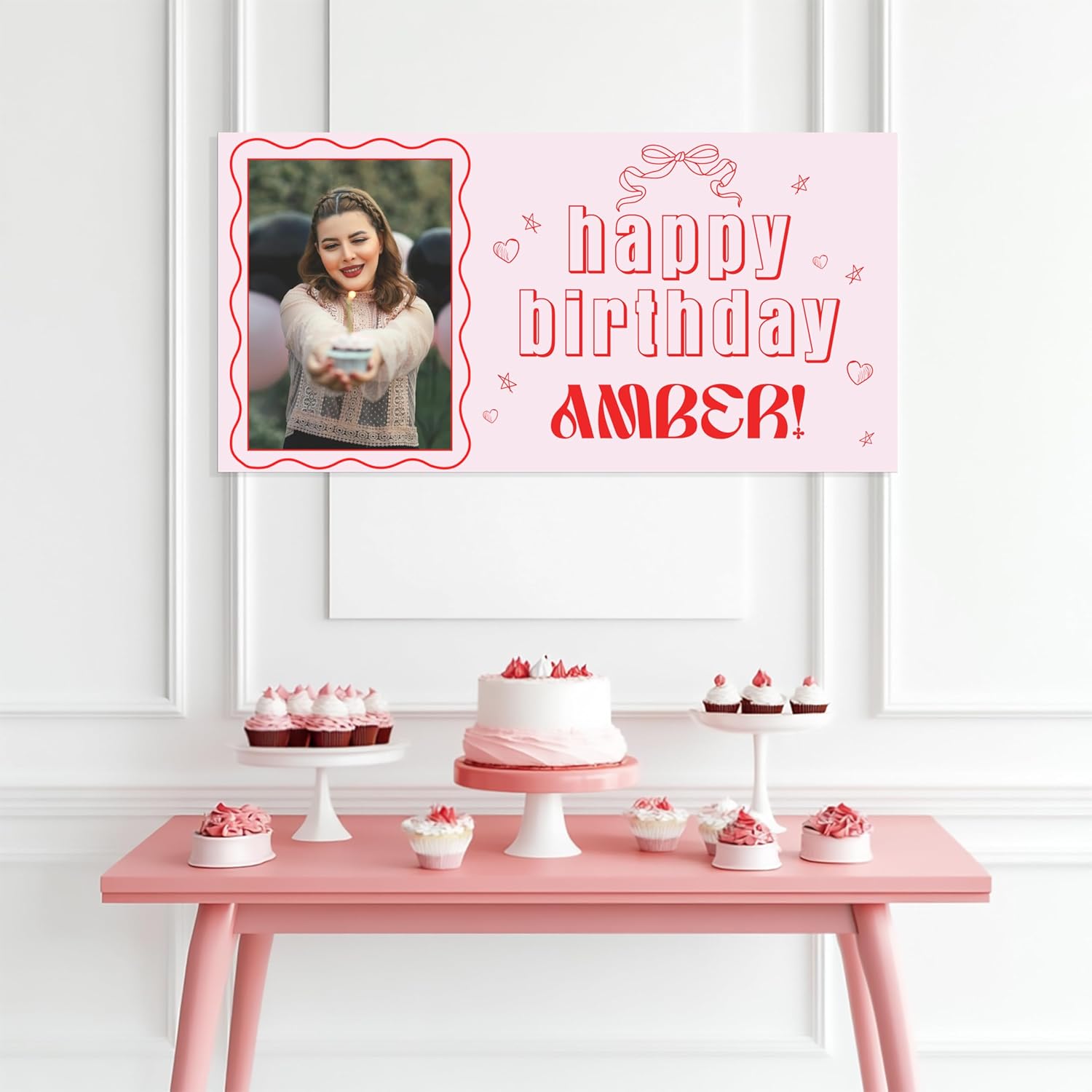Customized Photo Name Birthday Banner - Pink Red