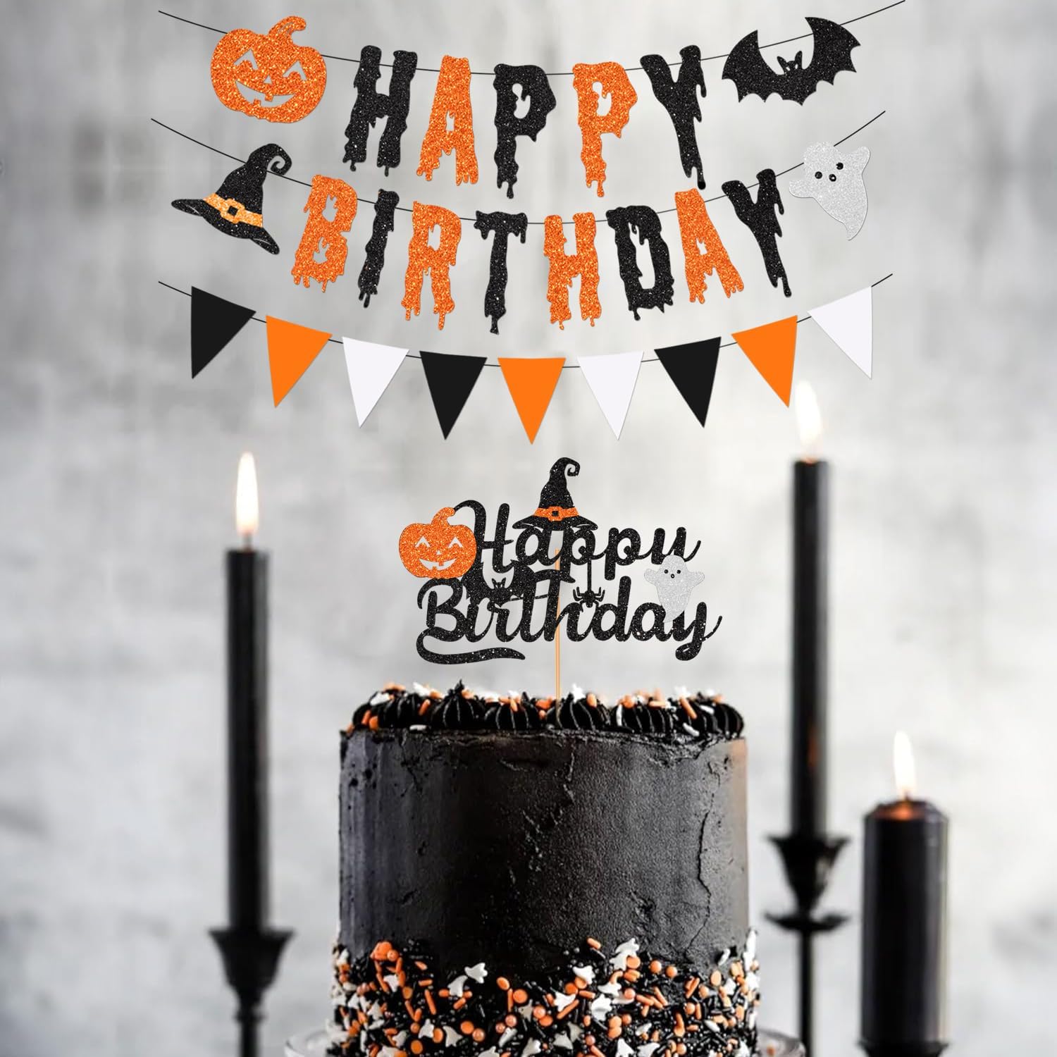 Glitter Halloween Birthday Banner with Cake Toppers