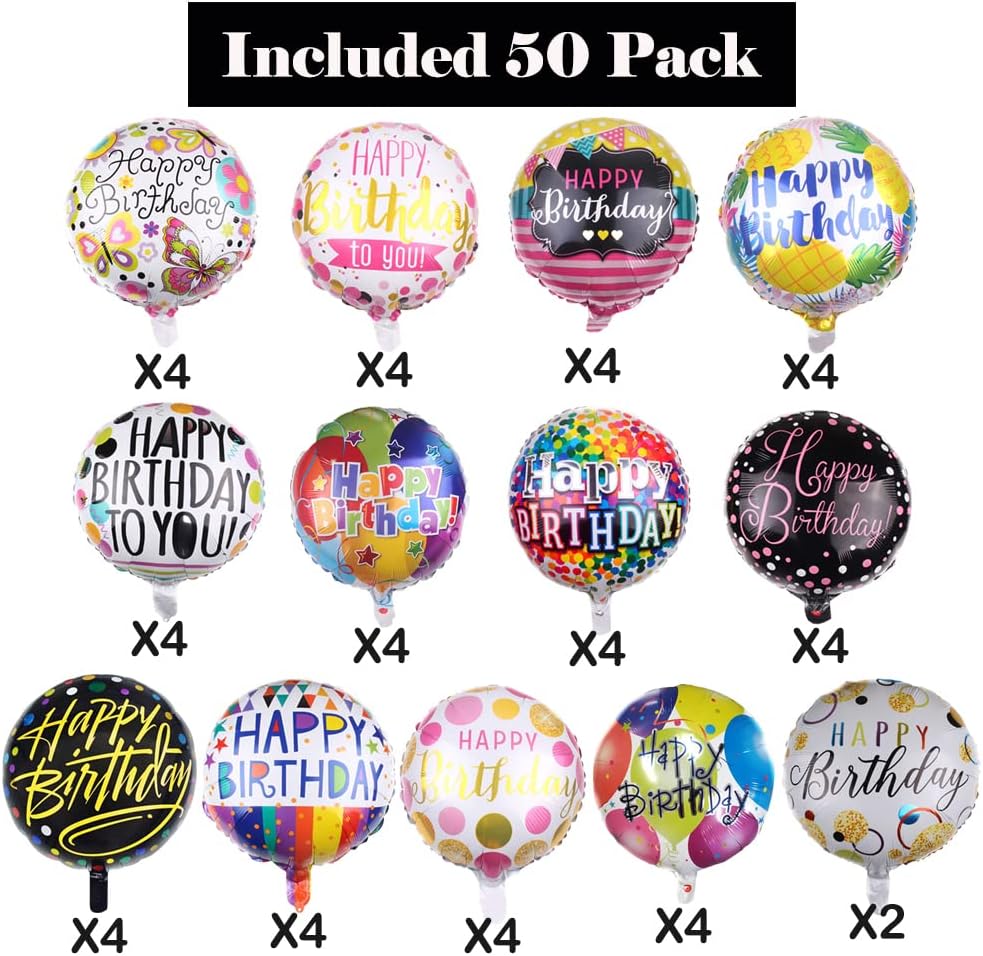 50 Piece Happy Birthday Foil Balloons Set with 12 Designs
