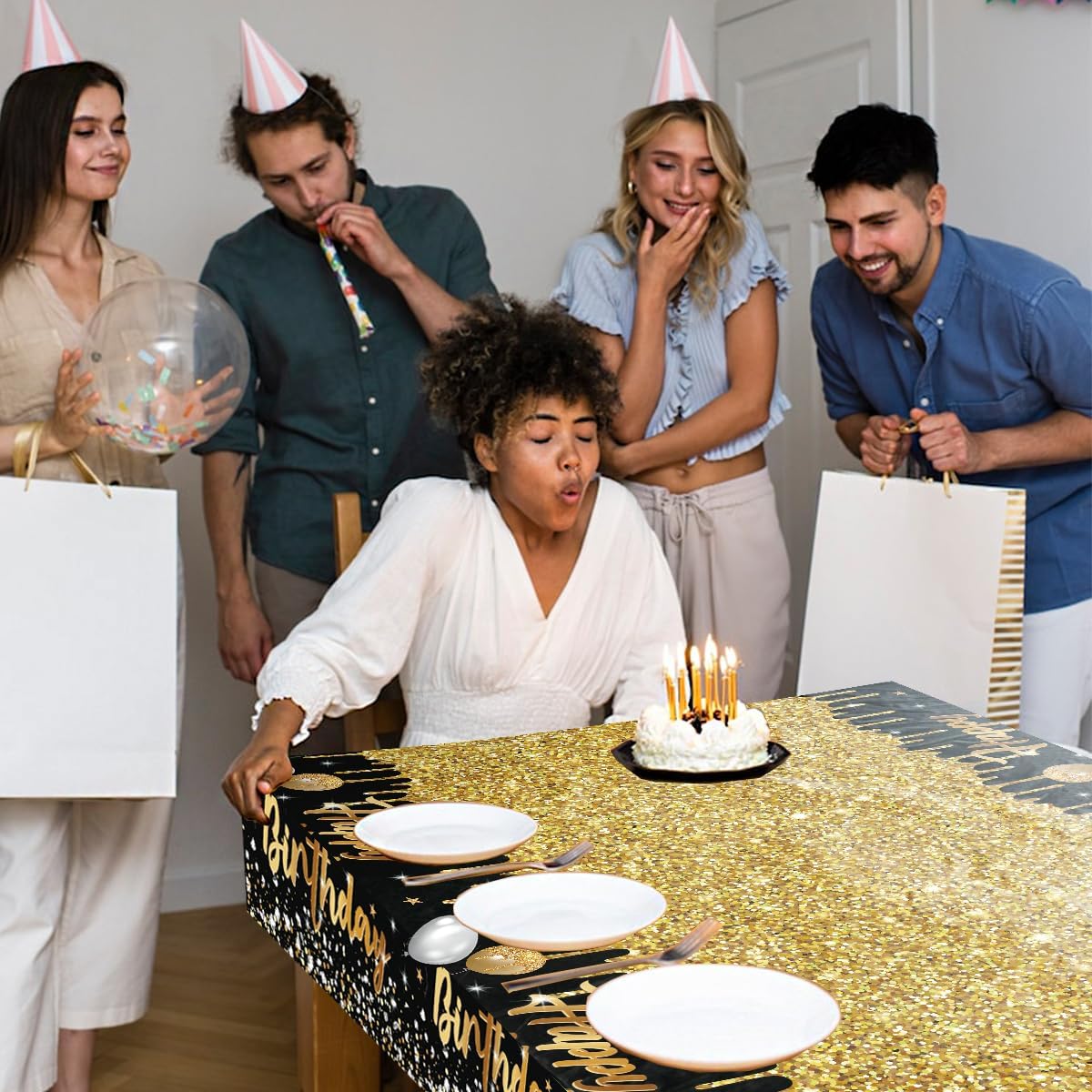 Happy Birthday Tablecloths 3pcs Black and Gold Glitter
