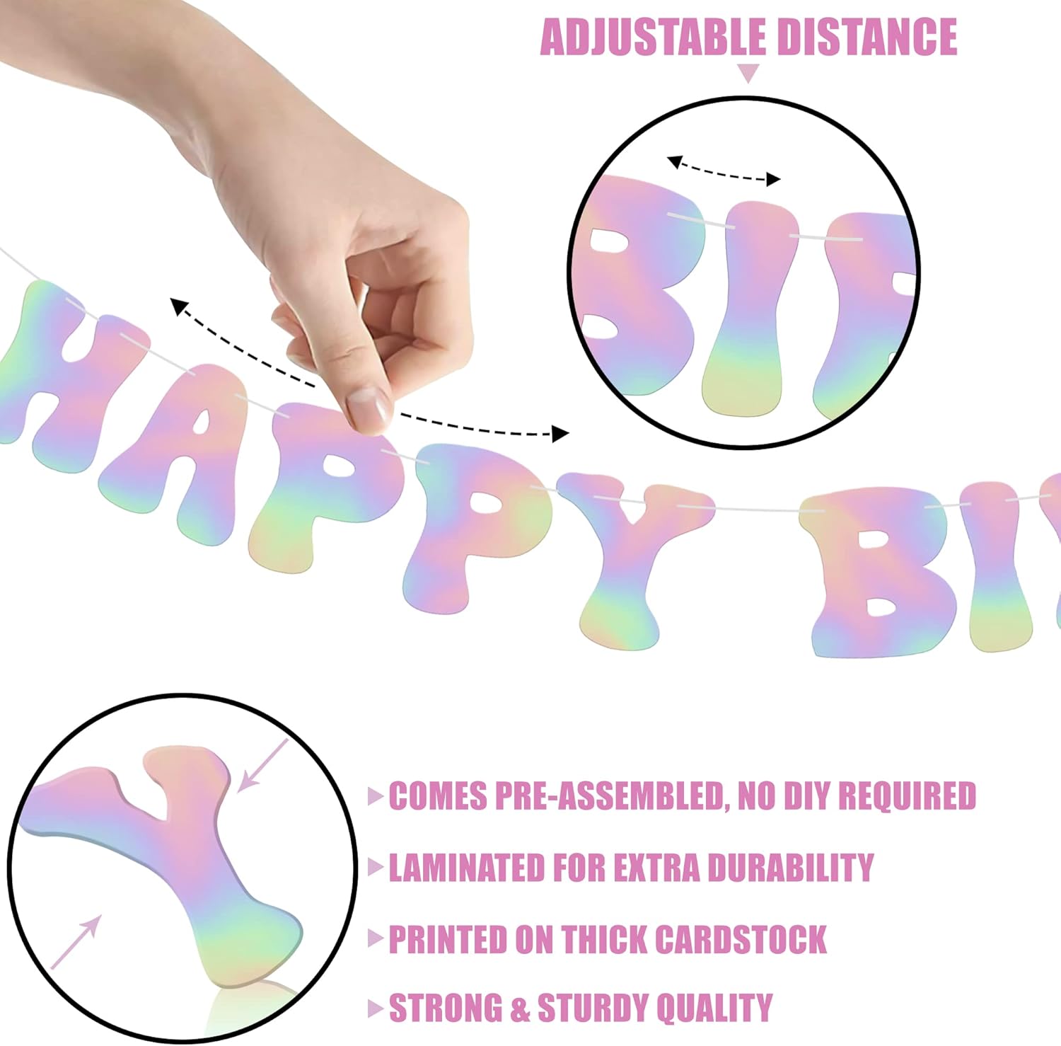 KatchOn Iridescent Happy Birthday Banner - 10 Feet Prestrung