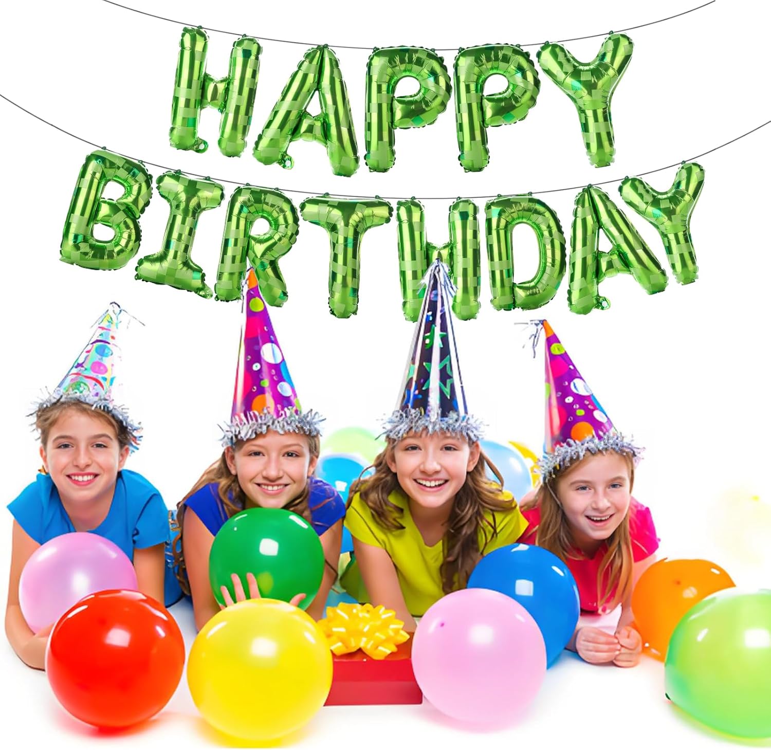 Green Pixel Happy Birthday Foil Balloons for Party Decor