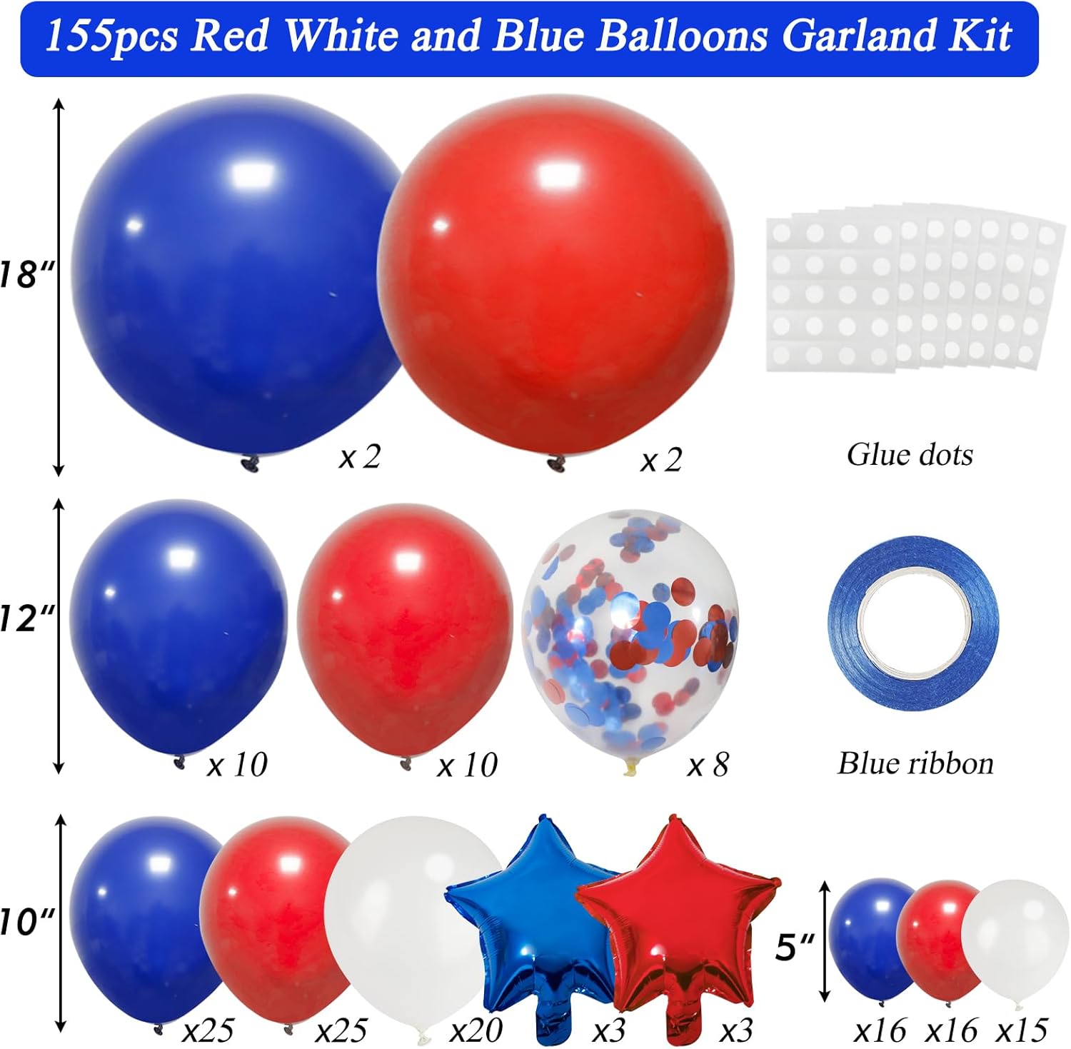 RUBFAC 160pcs Red White Blue Balloons Garland Arch Kit