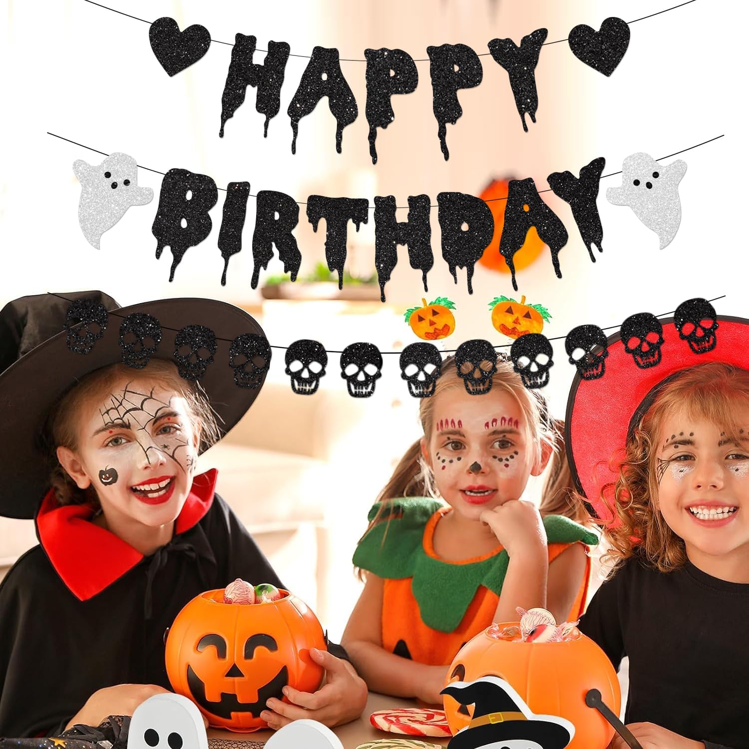 Black Glitter Halloween Birthday Banner with Skull and Heart