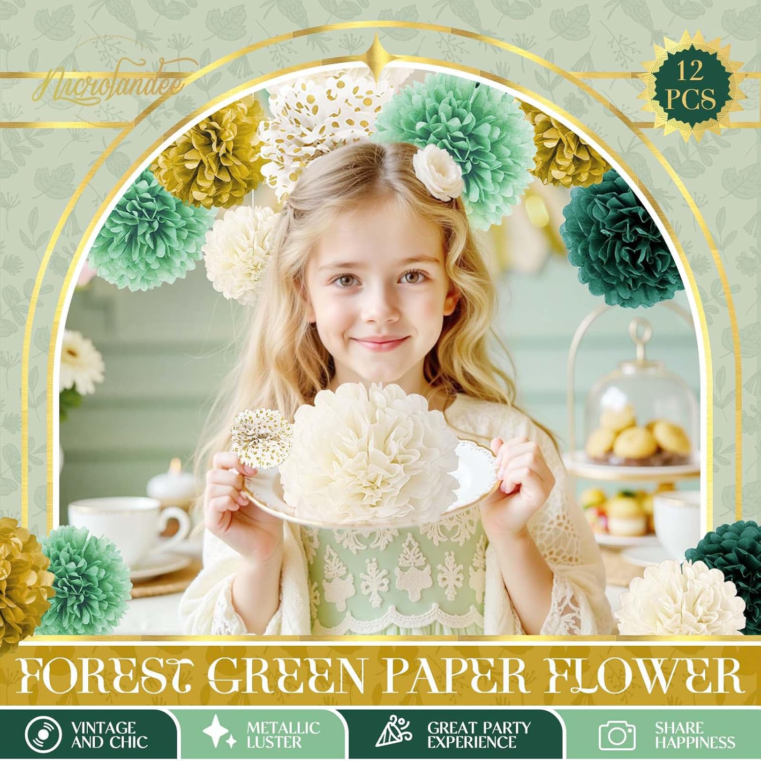 NICROLANDEE Green Tissue Pom Poms - 12PCS for Weddings and Parties