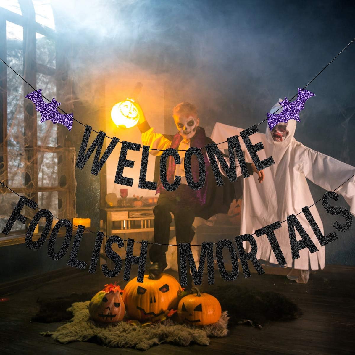 Welcome Foolish Mortals Halloween Banner Black Glitter
